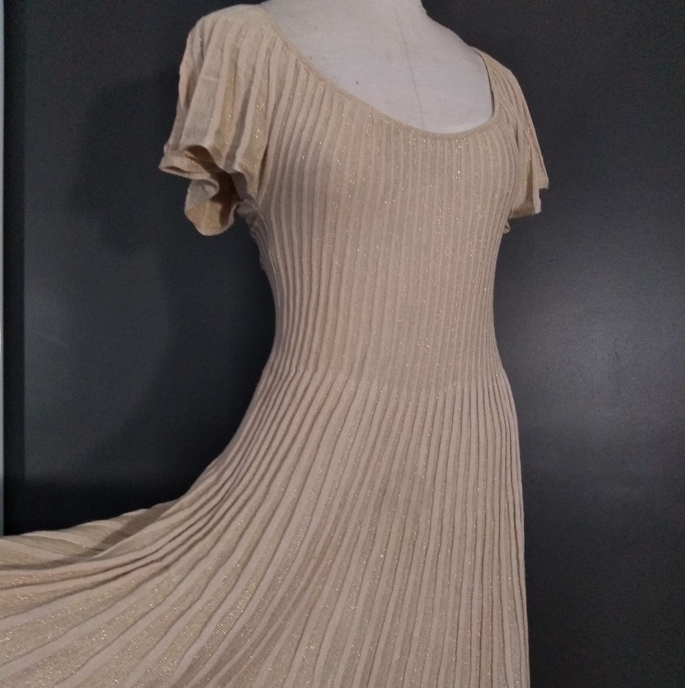 Vintage Shimmery pleated ivory flutter sleeve dress